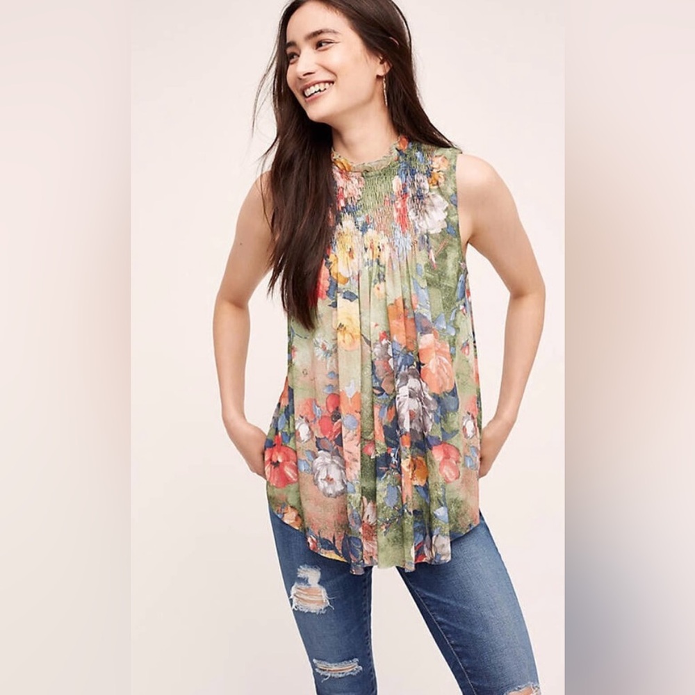 Anthropologie - Deletta - Epona Floral Swing Top Mockneck Sleeveless Blouse
